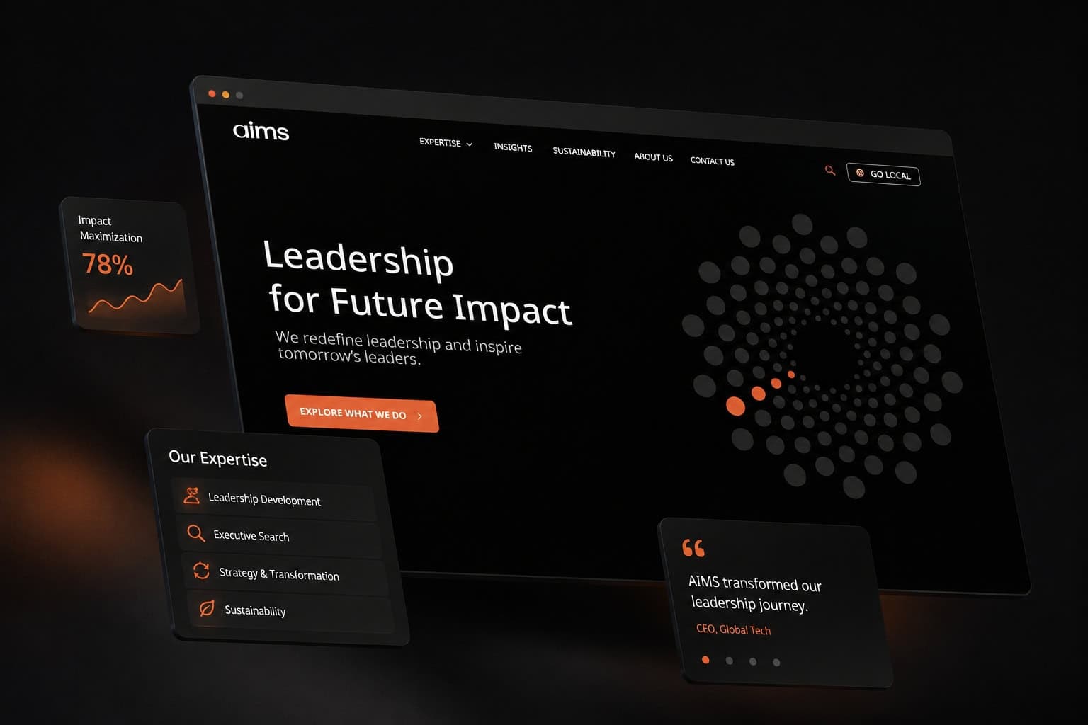 AIMS website mockup with leadership hero and floating UI cards