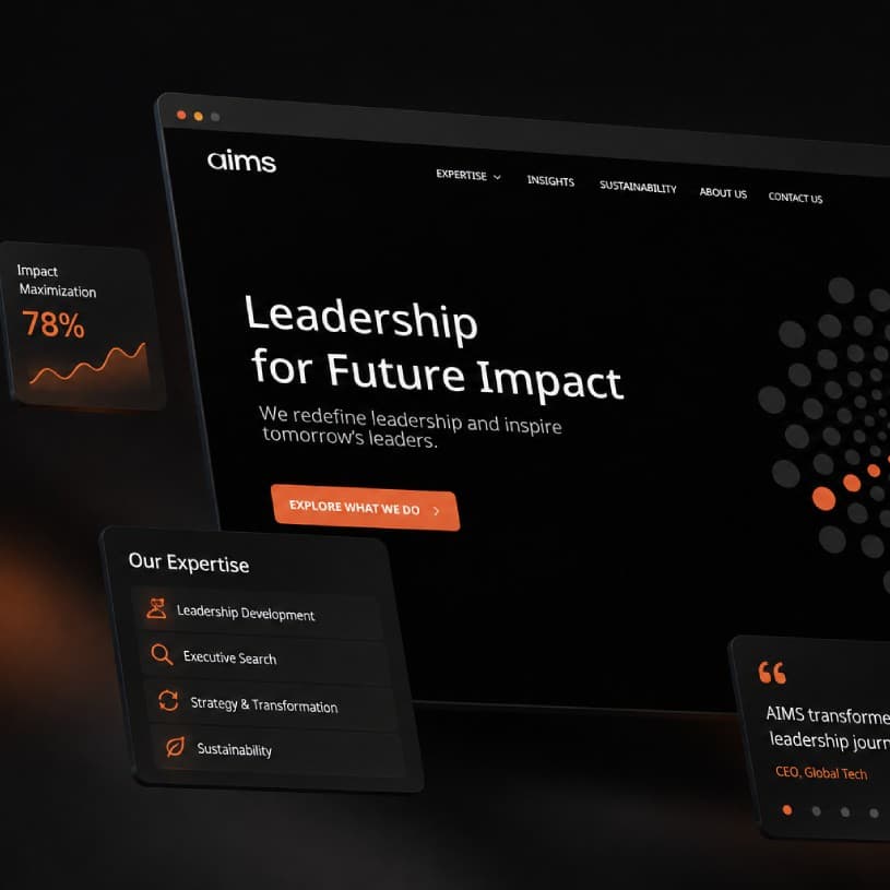 AIMS website mockup with leadership hero and floating UI cards